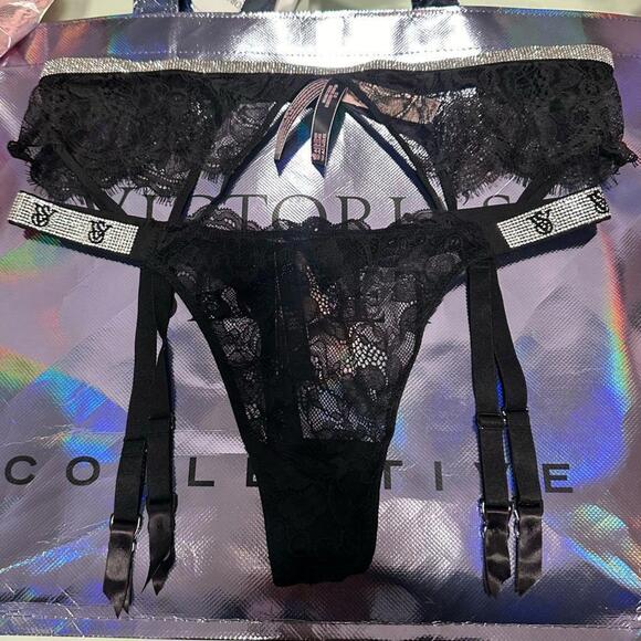 Victoria Secret Black Shine Garter and panty set - Picture 1 of 3